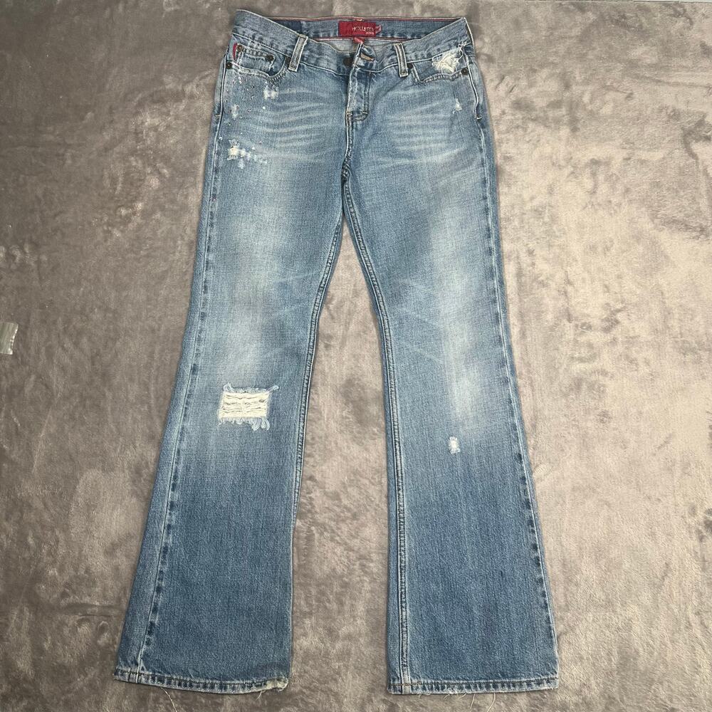 Vintage Y2K Hollister Jeans Size 9 Low Rise Flare Distressed Rhinestone Denim